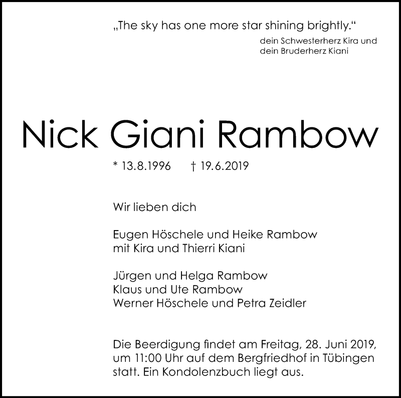  Traueranzeige für Nick Giani Rambow vom 25.06.2019 aus Reutlinger General-Anzeiger
