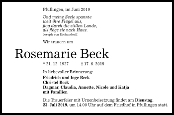 Anzeige von Rosemarie Beck von Reutlinger General-Anzeiger
