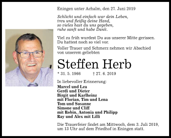 Anzeige von Steffen Herb von Reutlinger General-Anzeiger