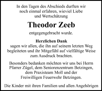 Anzeige von Theodor Zeeb von Reutlinger General-Anzeiger