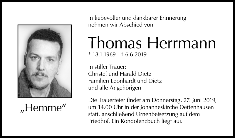  Traueranzeige für Thomas Herrmann vom 19.06.2019 aus Reutlinger General-Anzeiger