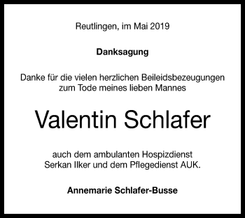 Anzeige von Valentin Schlafer von Reutlinger General-Anzeiger