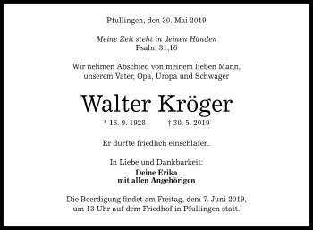 Anzeige von Walter Kröger von Reutlinger General-Anzeiger