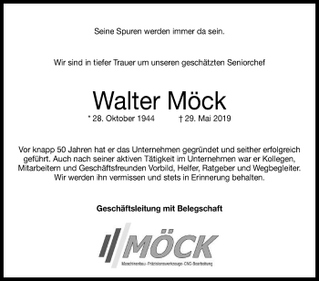 Anzeige von Walter Möck von Reutlinger General-Anzeiger