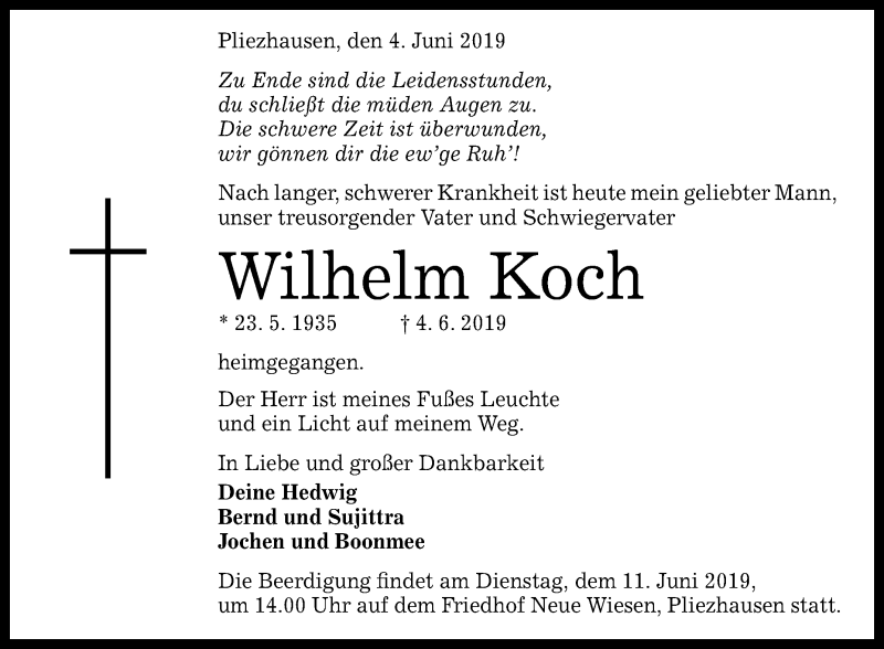  Traueranzeige für Wilhelm Koch vom 07.06.2019 aus Reutlinger General-Anzeiger