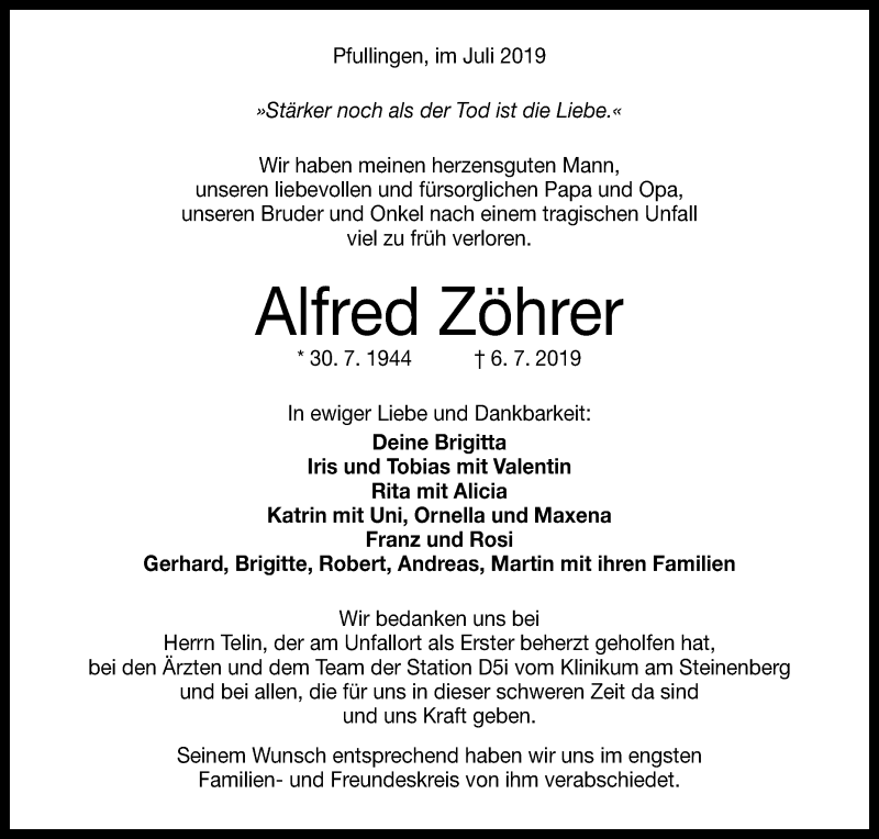  Traueranzeige für Alfred Zöhrer vom 13.07.2019 aus Reutlinger General-Anzeiger