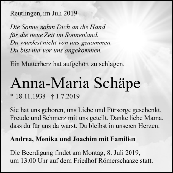 Anzeige von Anna-Maria Schäpe von Reutlinger General-Anzeiger