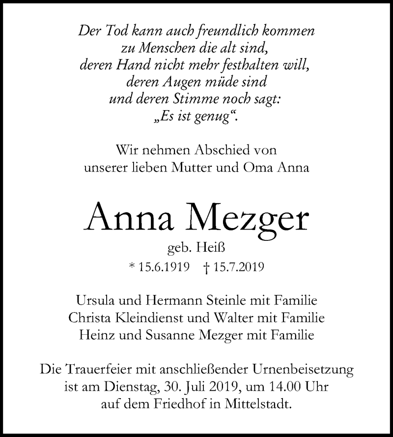  Traueranzeige für Anna Mezger vom 25.07.2019 aus Reutlinger General-Anzeiger