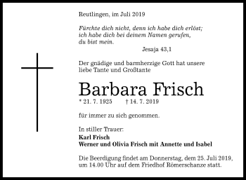 Anzeige von Barbara Frisch von Reutlinger General-Anzeiger