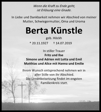 Anzeige von Berta Künstle von Reutlinger General-Anzeiger