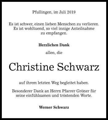 Anzeige von Christine Schwarz von Reutlinger General-Anzeiger