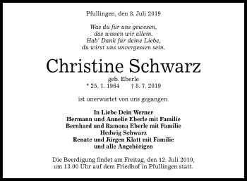 Anzeige von Christine Schwarz von Reutlinger General-Anzeiger