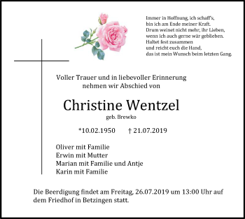 Anzeige von Christine Wentzel von Reutlinger General-Anzeiger