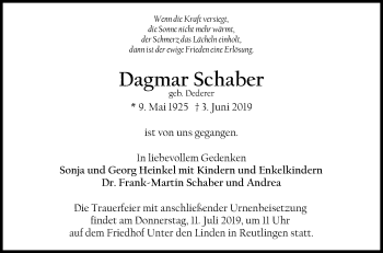 Anzeige von Dagmar Schaber von Reutlinger General-Anzeiger