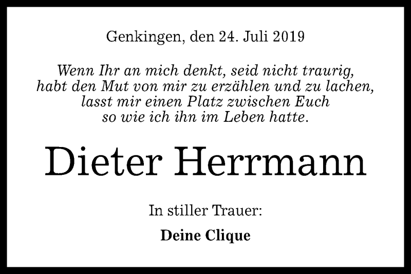  Traueranzeige für Dieter Herrmann vom 24.07.2019 aus Reutlinger General-Anzeiger