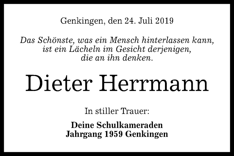  Traueranzeige für Dieter Herrmann vom 24.07.2019 aus Reutlinger General-Anzeiger