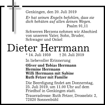 Anzeige von Dieter Herrmann von Reutlinger General-Anzeiger