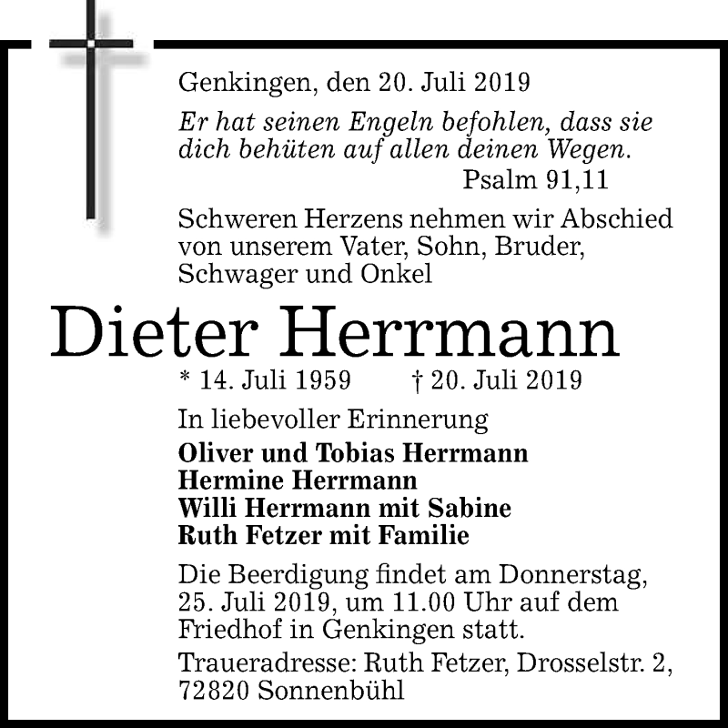  Traueranzeige für Dieter Herrmann vom 23.07.2019 aus Reutlinger General-Anzeiger