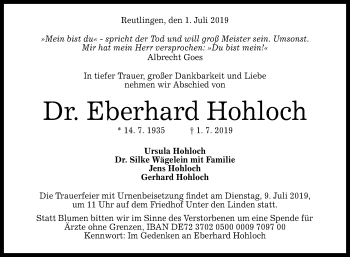 Anzeige von Eberhard Hohloch von Reutlinger General-Anzeiger