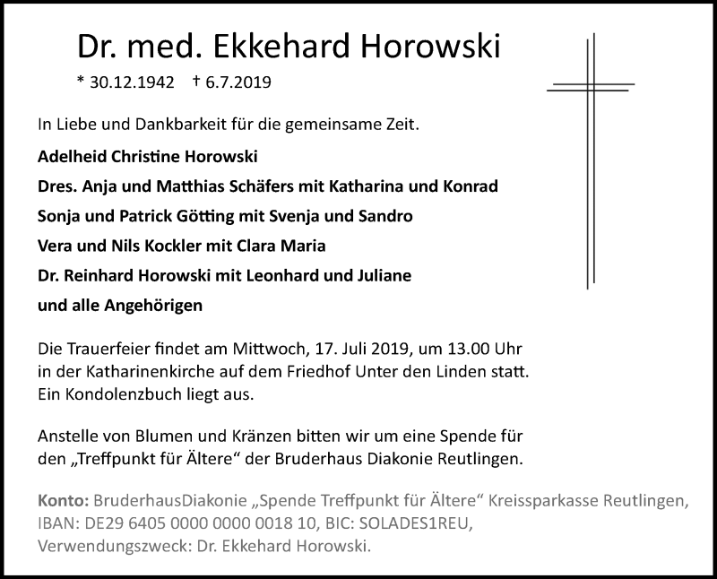  Traueranzeige für Ekkehard Horowski vom 13.07.2019 aus Reutlinger General-Anzeiger