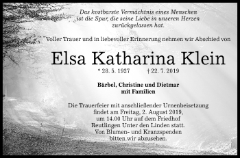 Anzeige von Elsa Katharina Klein von Reutlinger General-Anzeiger