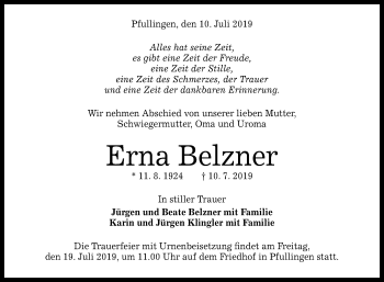 Anzeige von Erna Belzner von Reutlinger General-Anzeiger