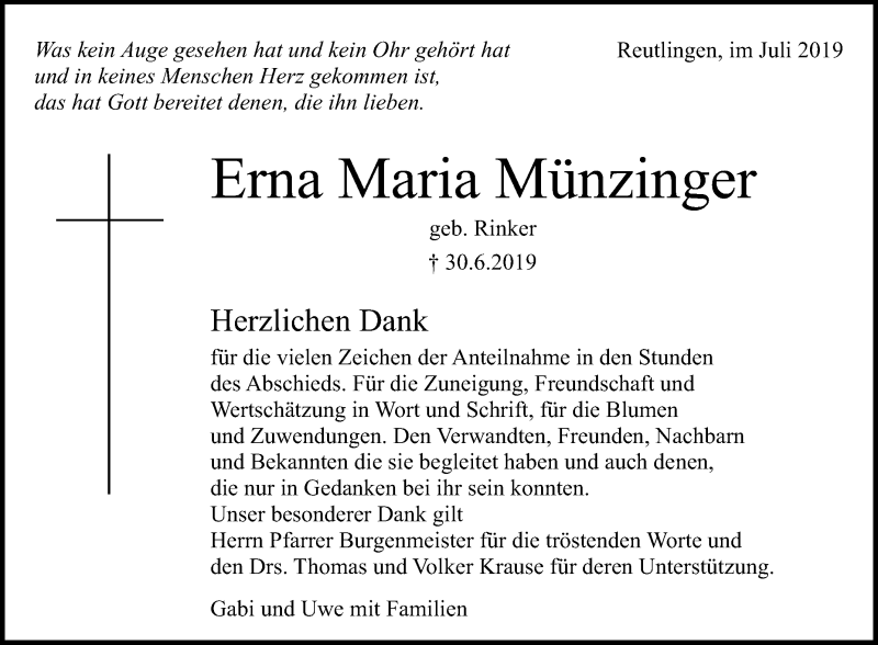  Traueranzeige für Erna Maria Münzinger vom 13.07.2019 aus Reutlinger General-Anzeiger