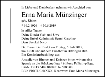 Anzeige von Erna Maria Münzinger von Reutlinger General-Anzeiger