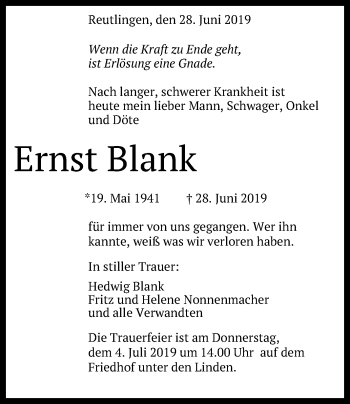 Anzeige von Ernst Blank von Reutlinger General-Anzeiger
