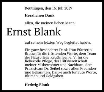 Anzeige von Ernst Blank von Reutlinger General-Anzeiger