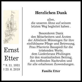 Anzeige von Ernst Etter von Reutlinger General-Anzeiger