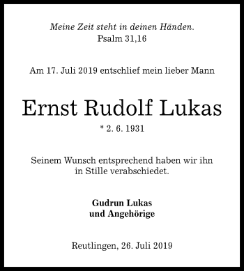 Anzeige von Ernst Rudolf Lukas von Reutlinger General-Anzeiger