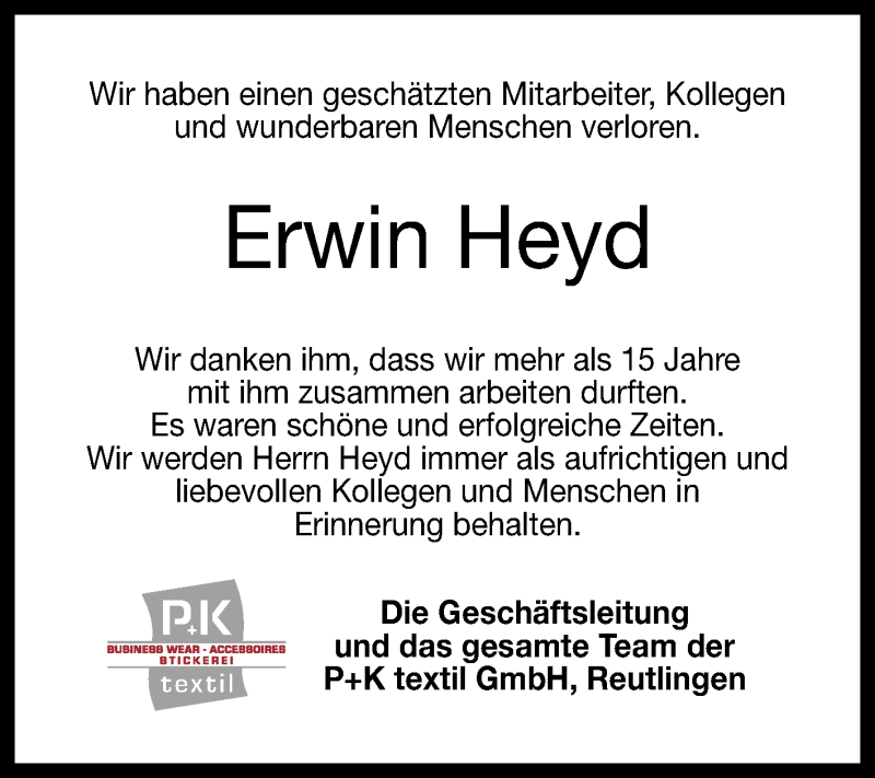  Traueranzeige für Erwin Heyd vom 20.07.2019 aus Reutlinger General-Anzeiger