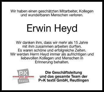 Anzeige von Erwin Heyd von Reutlinger General-Anzeiger