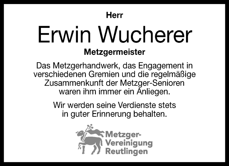  Traueranzeige für Erwin Wucherer vom 27.07.2019 aus Reutlinger General-Anzeiger