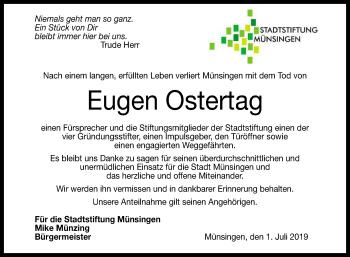 Anzeige von Eugen Ostertag von Reutlinger General-Anzeiger