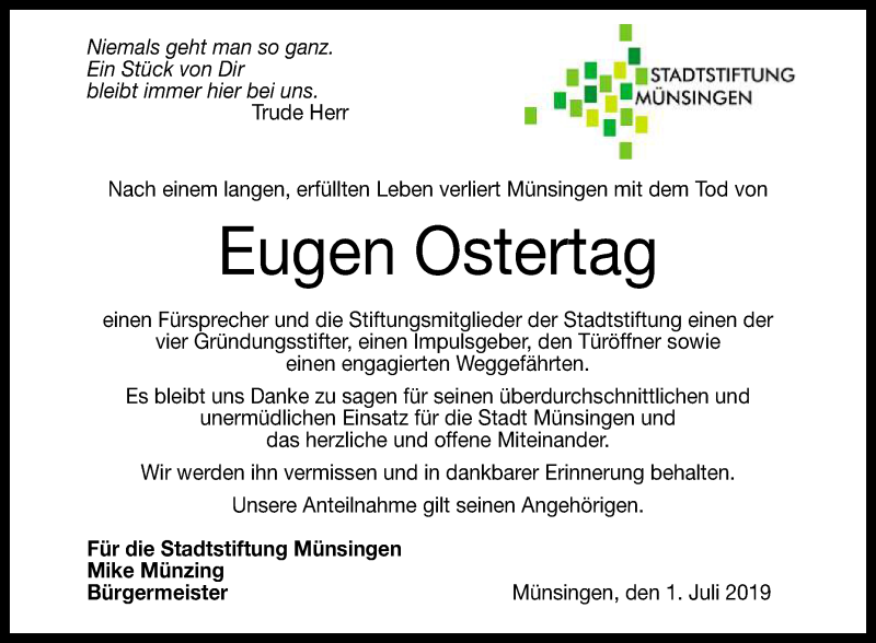  Traueranzeige für Eugen Ostertag vom 02.07.2019 aus Reutlinger General-Anzeiger