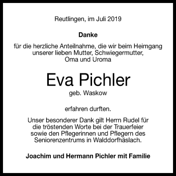 Anzeige von Eva Pichler von Reutlinger General-Anzeiger