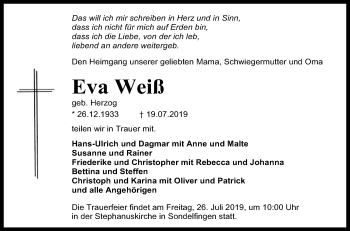 Anzeige von Eva Weiß von Reutlinger General-Anzeiger