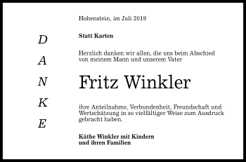 Anzeige von Fritz Winkler von Reutlinger General-Anzeiger