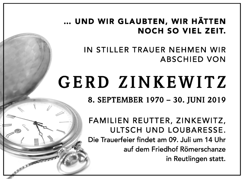  Traueranzeige für Gerd Zinkewitz vom 06.07.2019 aus Reutlinger General-Anzeiger