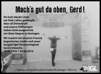 Anzeige von Gerd Zinkewitz von Reutlinger General-Anzeiger