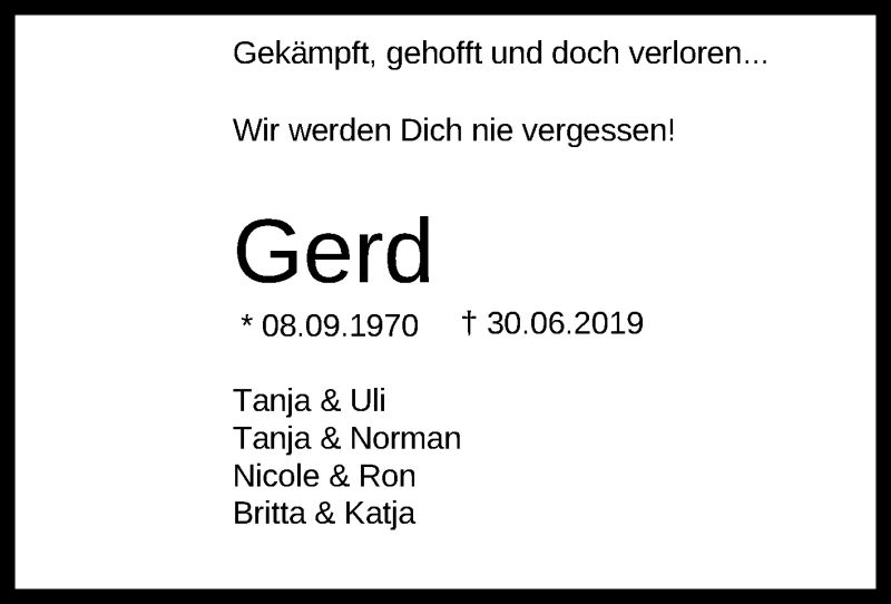  Traueranzeige für Gerd Zinkewitz vom 06.07.2019 aus Reutlinger General-Anzeiger
