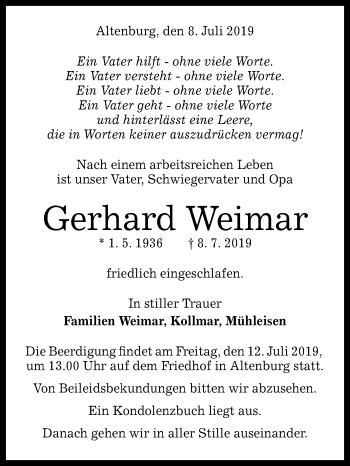 Anzeige von Gerhard Weimar von Reutlinger General-Anzeiger