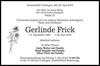 Anzeige von Gerlinde Frick von Reutlinger General-Anzeiger