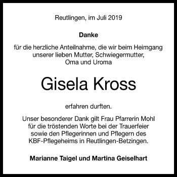 Anzeige von Gisela Kross von Reutlinger General-Anzeiger