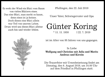 Anzeige von Günter Koring von Reutlinger General-Anzeiger