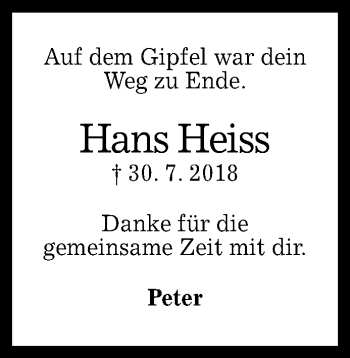 Anzeige von Hans Heiss von Reutlinger General-Anzeiger