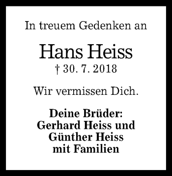 Anzeige von Hans Heiss von Reutlinger General-Anzeiger