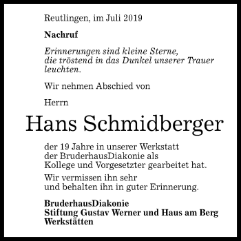 Anzeige von Hans Schmidberger von Reutlinger General-Anzeiger